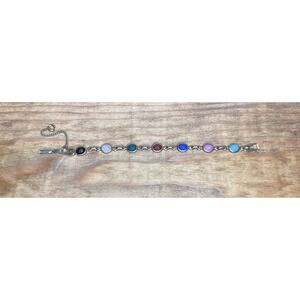 Vintage 7-Stone Link Scarab Bracelet Gold tone unsigned Multicolor Oval Gems